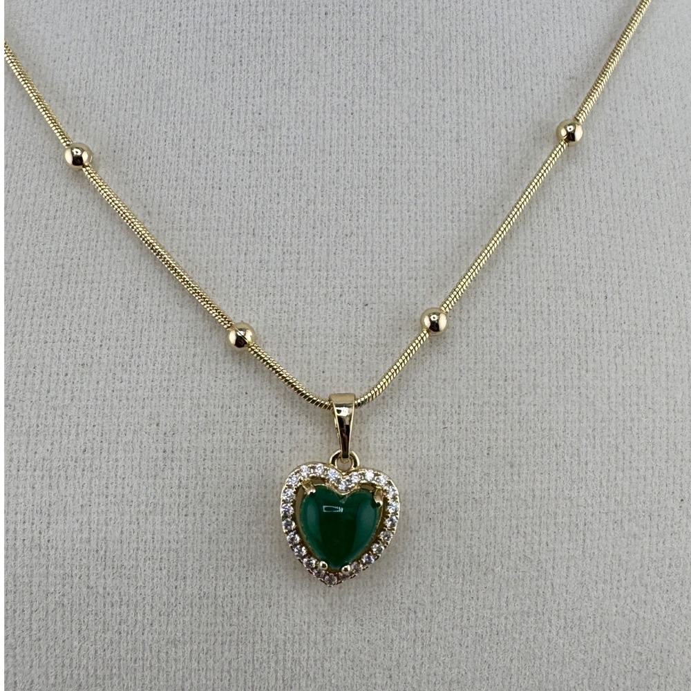 14K Gold Plated Heart Green Stone Halo‎ Pendant Necklace Snake Chain with Beads